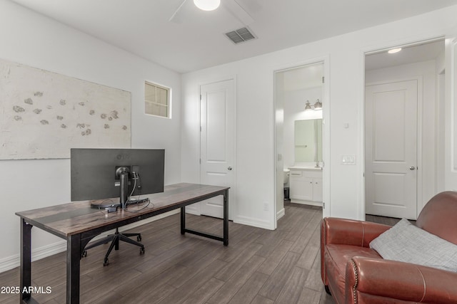 23042 E Excelsior Ave, Queen Creek, AZ 85142 - home office with ceiling fan and dark wood-style floors