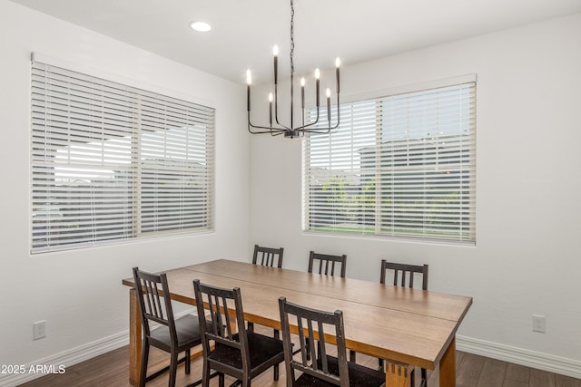 23042 E Excelsior Ave, Queen Creek, AZ 85142 - dining space with dark wood-style floors, a chandelier, and recessed lighting