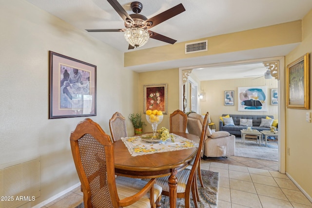 17024 N Pinion Ln, Sun City, AZ 85373 - dining area featuring visible vents, baseboards, light tile patterned flooring, and ceiling fan