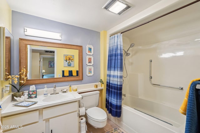 17024 N Pinion Ln, Sun City, AZ 85373 - bathroom featuring vanity, shower / tub combo with curtain, toilet, tile patterned floors, and visible vents