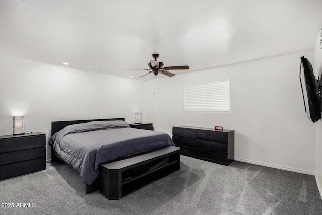 bedroom with a ceiling fan, carpet, baseboards, and recessed lighting