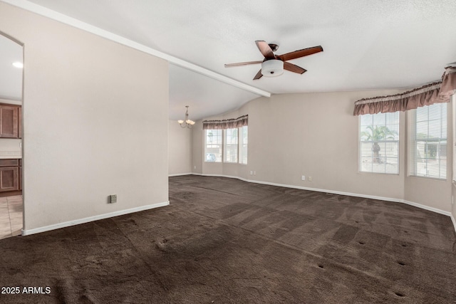 5901 E Leonora St, Mesa, AZ 85215 - spare room featuring dark carpet, lofted ceiling with beams, and ceiling fan with notable chandelier
