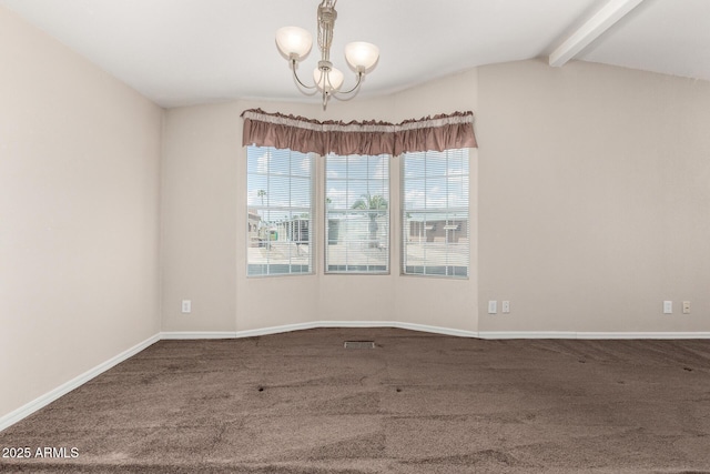 5901 E Leonora St, Mesa, AZ 85215 - unfurnished room with visible vents, baseboards, an inviting chandelier, lofted ceiling with beams, and carpet flooring