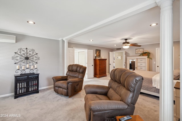 living room with ornamental molding, ornate columns, light carpet, ceiling fan, and a wall mounted AC