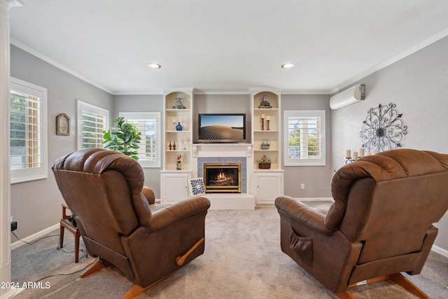 living room with crown molding, a wall mounted AC, and light colored carpet