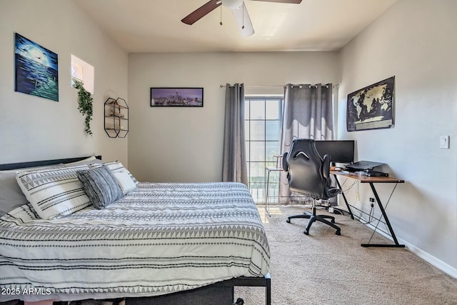 bedroom featuring a ceiling fan, carpet, and baseboards