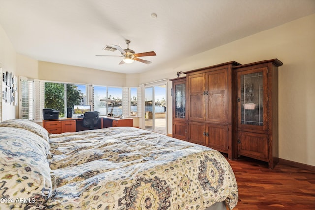 bedroom with dark wood-type flooring, access to exterior, and ceiling fan