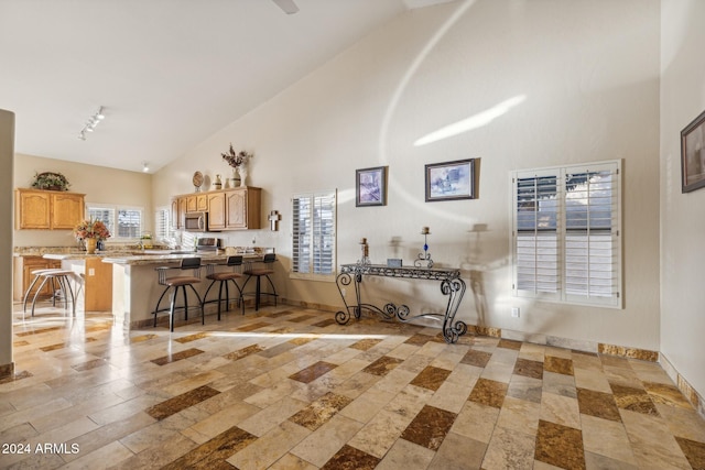 kitchen featuring a breakfast bar area, high vaulted ceiling, and kitchen peninsula