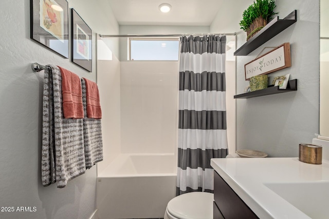 6931 W Spur Dr, Peoria, AZ 85383 - full bathroom featuring shower / bathtub combination with curtain, toilet, and vanity