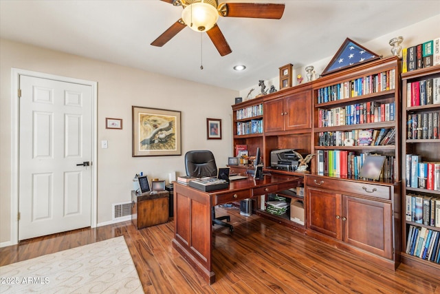 14401 N Coral Gables Dr, Phoenix, AZ 85023 - office with ceiling fan, visible vents, wood finished floors, baseboards, and recessed lighting
