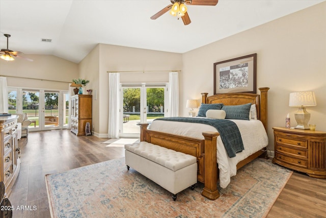 14401 N Coral Gables Dr, Phoenix, AZ 85023 - bedroom featuring a ceiling fan, access to exterior, wood finished floors, and lofted ceiling