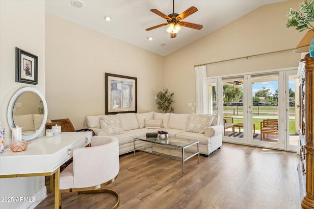 14401 N Coral Gables Dr, Phoenix, AZ 85023 - living area with a ceiling fan, high vaulted ceiling, recessed lighting, and wood finished floors