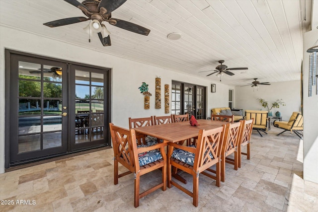 14401 N Coral Gables Dr, Phoenix, AZ 85023 - dining room featuring french doors, wood ceiling, a ceiling fan, and stone tile floors