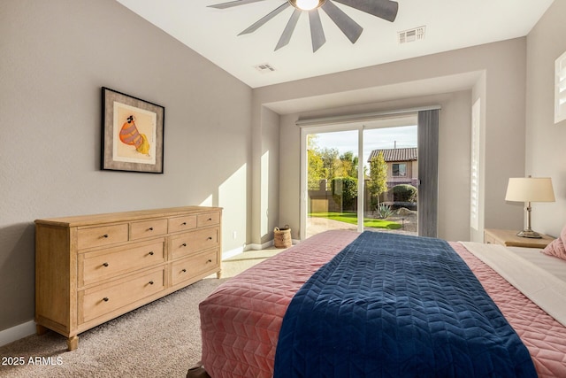 carpeted bedroom with access to exterior, vaulted ceiling, and ceiling fan