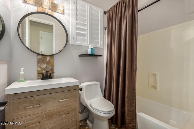 full bathroom featuring vanity, shower / tub combo, and toilet