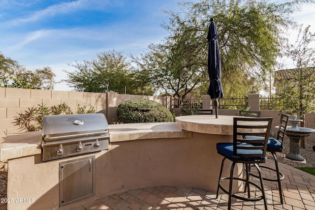 view of patio / terrace with area for grilling, exterior bar, and an outdoor kitchen