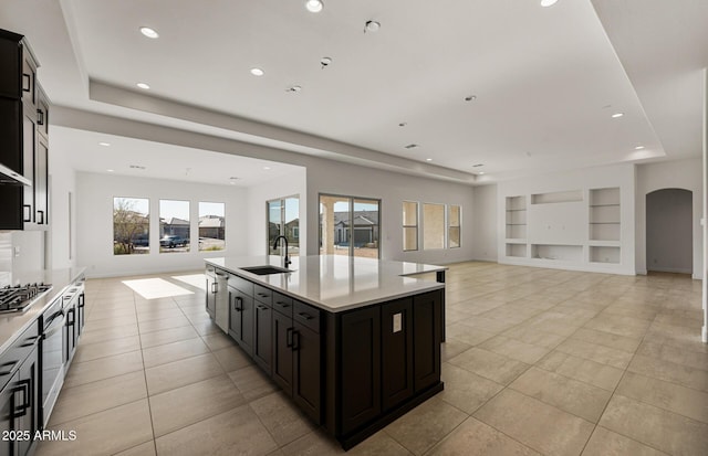 kitchen featuring built in features, open floor plan, a raised ceiling, and a sink