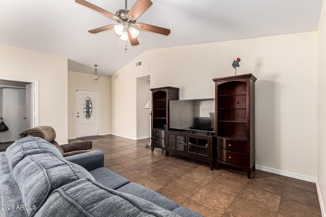 937 N Marble St, Gilbert, AZ 85234 - living area with baseboards, vaulted ceiling, and ceiling fan