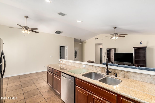 937 N Marble St, Gilbert, AZ 85234 - kitchen with a sink, appliances with stainless steel finishes, a ceiling fan, vaulted ceiling, and open floor plan