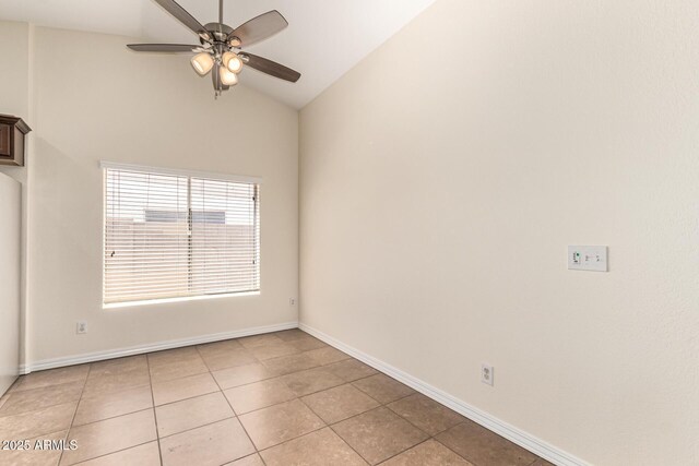 937 N Marble St, Gilbert, AZ 85234 - empty room with ceiling fan, light tile patterned flooring, vaulted ceiling, and baseboards