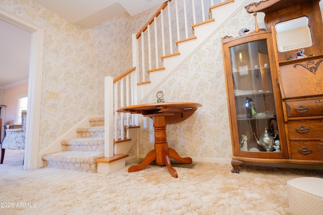 1565 E 12th St, Douglas, AZ 85607 - stairs with carpet flooring, wallpapered walls, and ornamental molding