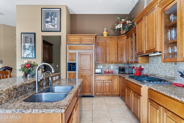 kitchen with appliances with stainless steel finishes, sink, and light stone counters