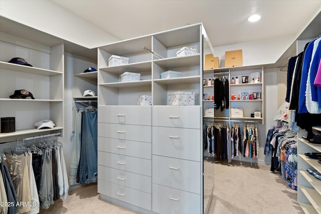 spacious closet featuring light carpet