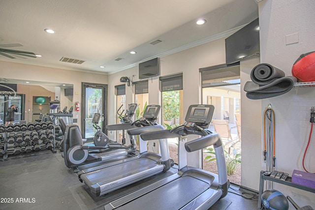 gym with recessed lighting, visible vents, and crown molding