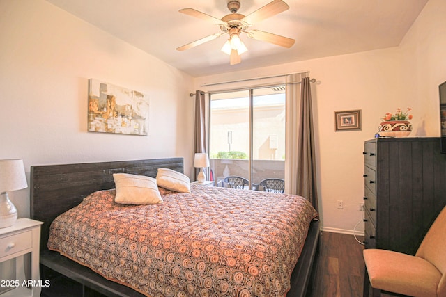 bedroom with dark wood-type flooring, access to exterior, baseboards, and a ceiling fan