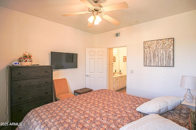 bedroom featuring visible vents and ceiling fan