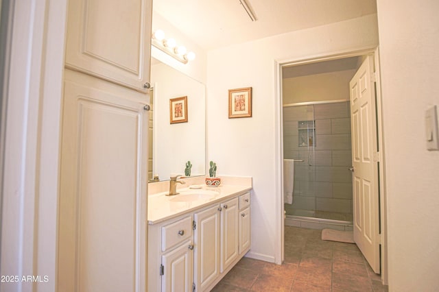 full bath featuring a shower stall, tile patterned floors, and vanity