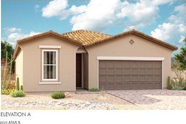 ranch-style home with driveway, stucco siding, a tiled roof, and a garage