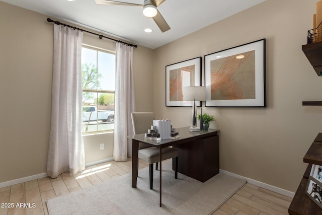 office area with baseboards, recessed lighting, ceiling fan, and wood finish floors