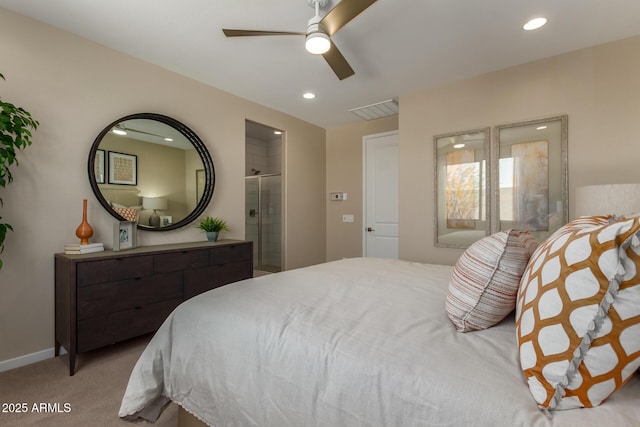 bedroom with recessed lighting, ensuite bathroom, visible vents, and carpet floors