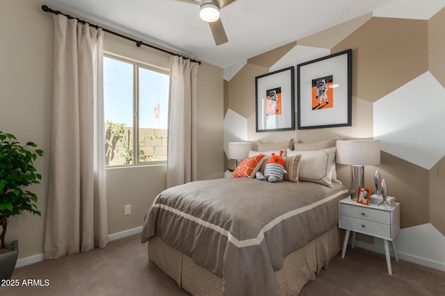 bedroom featuring carpet flooring, baseboards, and ceiling fan