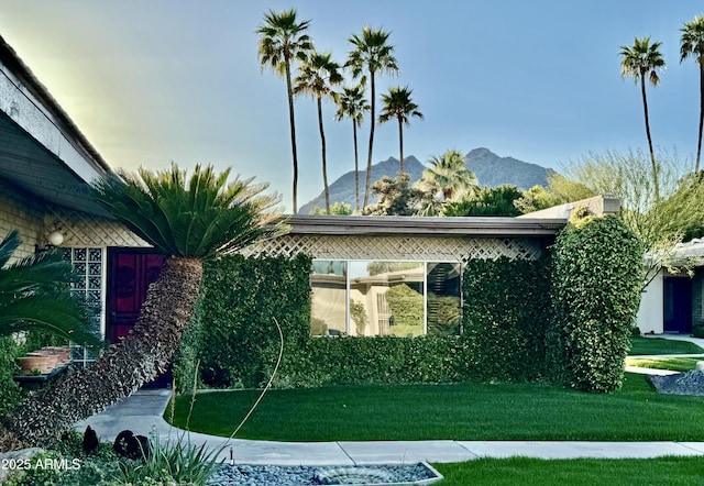 view of property exterior with a yard and a mountain view