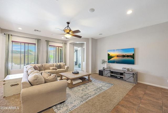 living room featuring ceiling fan