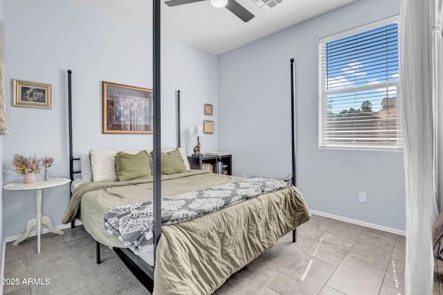 bedroom with baseboards, ceiling fan, and visible vents