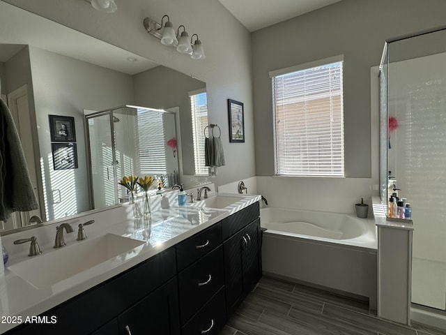 bathroom featuring vanity and independent shower and bath