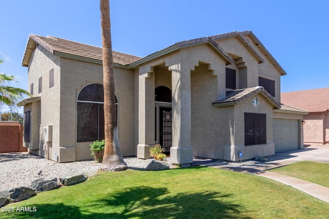 4331 E Redwood Ln, Phoenix, AZ 85048 - view of front of home featuring stucco siding, a front yard, concrete driveway, an attached garage, and a tiled roof