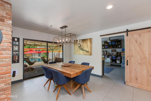 7102 E Kalil Dr, Scottsdale, AZ 85254 - dining room with a barn door, baseboards, a chandelier, light tile patterned floors, and recessed lighting