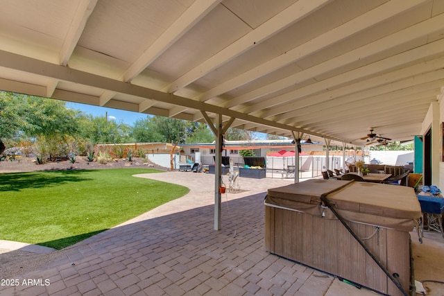 7102 E Kalil Dr, Scottsdale, AZ 85254 - view of patio / terrace featuring a hot tub and ceiling fan