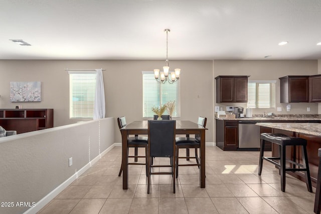 dining area featuring recessed lighting, visible vents, an inviting chandelier, light tile patterned flooring, and baseboards