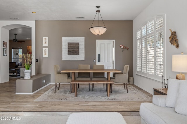 dining room featuring hardwood / wood-style flooring, ceiling fan, and plenty of natural light