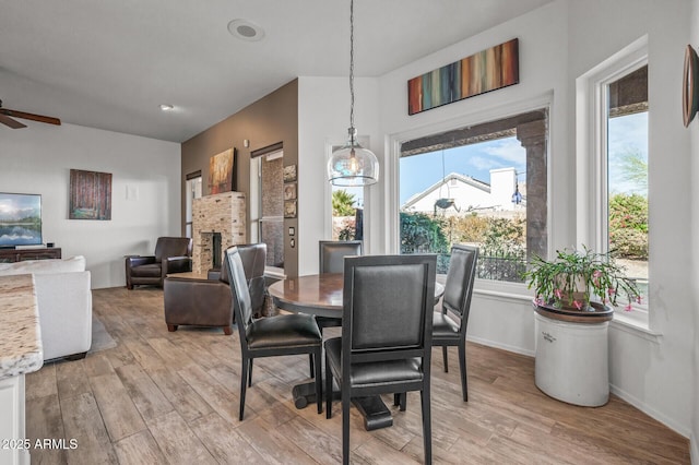 dining room featuring a healthy amount of sunlight, a fireplace, and light hardwood / wood-style flooring