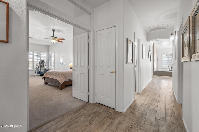 hallway with a healthy amount of sunlight and light hardwood / wood-style flooring