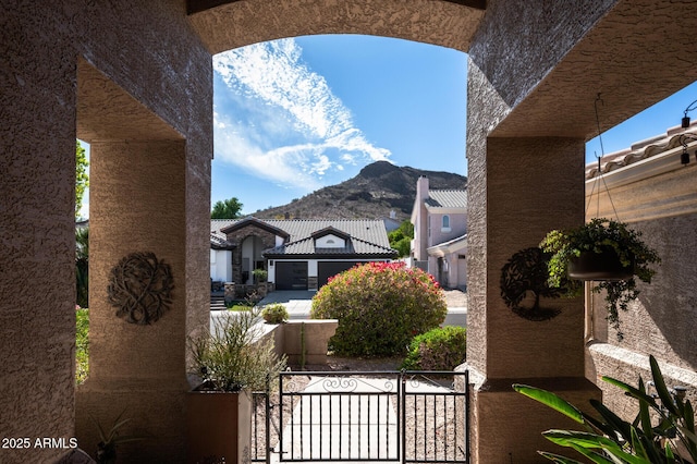 view of patio / terrace featuring a mountain view