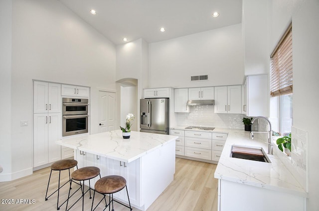 7214 E Rustling Pass, Scottsdale, AZ 85255 - kitchen with stainless steel appliances, a sink, high vaulted ceiling, under cabinet range hood, and light wood-style floors