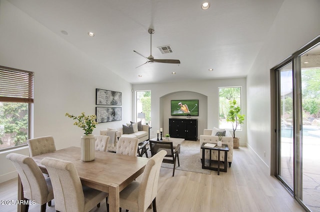 7214 E Rustling Pass, Scottsdale, AZ 85255 - dining space with healthy amount of natural light, light wood finished floors, ceiling fan, baseboards, and recessed lighting