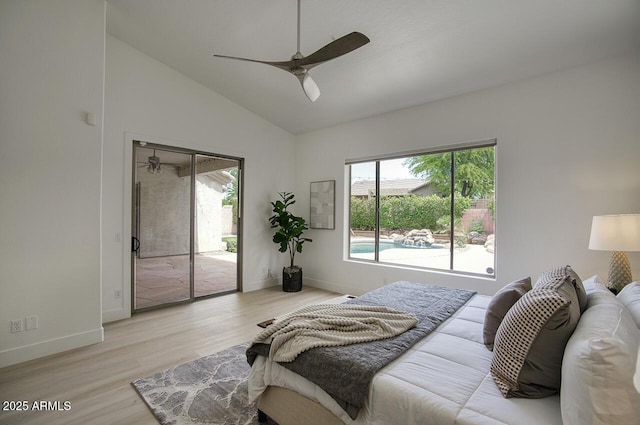 7214 E Rustling Pass, Scottsdale, AZ 85255 - bedroom with access to outside, baseboards, vaulted ceiling, light wood-type flooring, and a ceiling fan